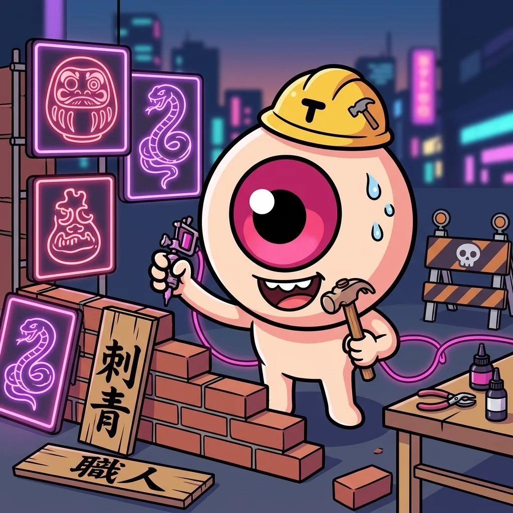 Mascota Yokai construyendo el estudio de tatuajes en Málaga en estilo dibujo animado