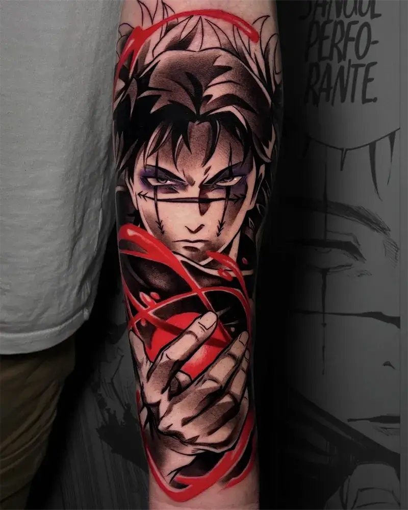 Tatuaje anime de Choso de Jujutsu Kaisen en el brazo hecho por Alberto Pico en Yokai Tattoo Málaga