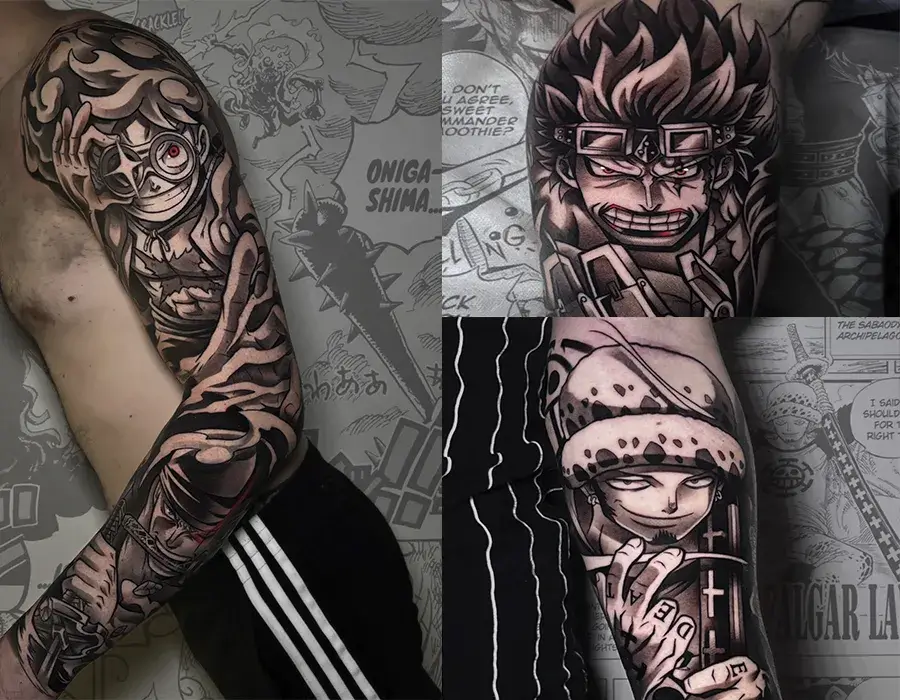 Manga completa de tatuaje anime de One Piece en el brazo hecha por Alberto Pico en Yokai Tattoo Málaga