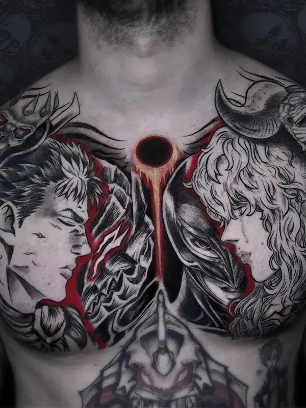 Tatuaje anime de Berserk a color y negro realizado en el pecho en el estudio Yokai Tattoo en Málaga