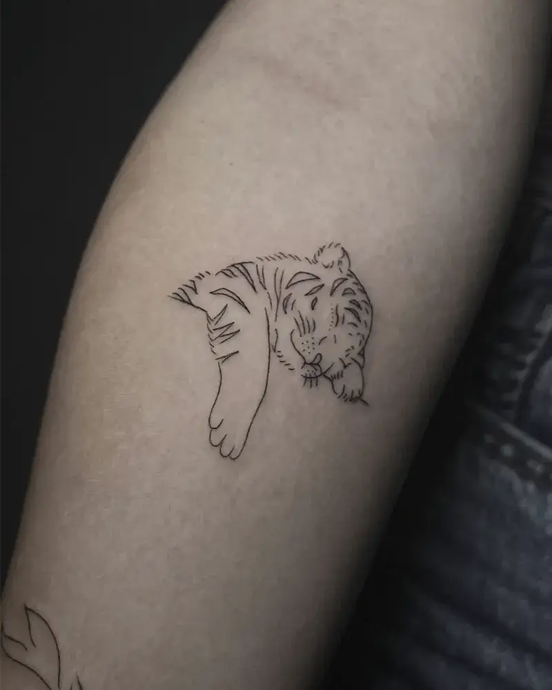 Tatuaje de tigre de línea fina realizado en Yokai Tattoo por Carmen González en Málaga