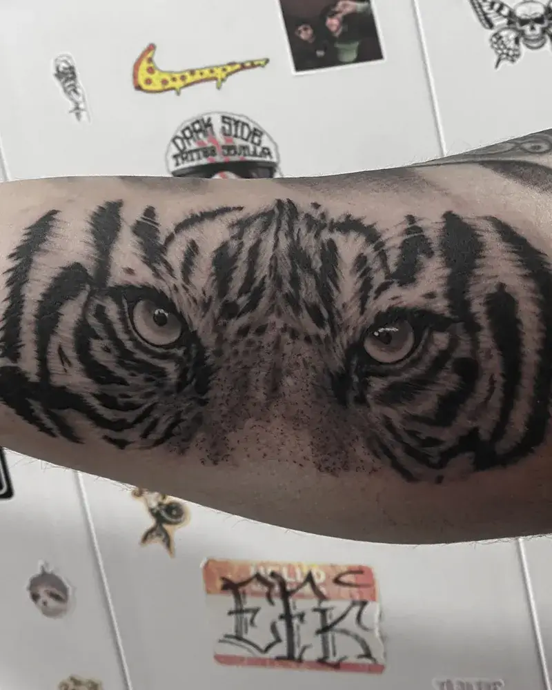 Tatuaje realista de mirada de león en sombras realizado por Guti en el estudio Yokai Tattoo en Málaga