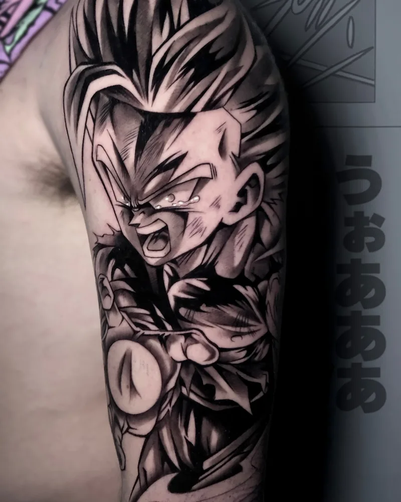 Tatuaje anime de Gohan SSJ2 de Dragon Ball en blanco y negro, por Alberto Pico en Yokai Tattoo Málaga