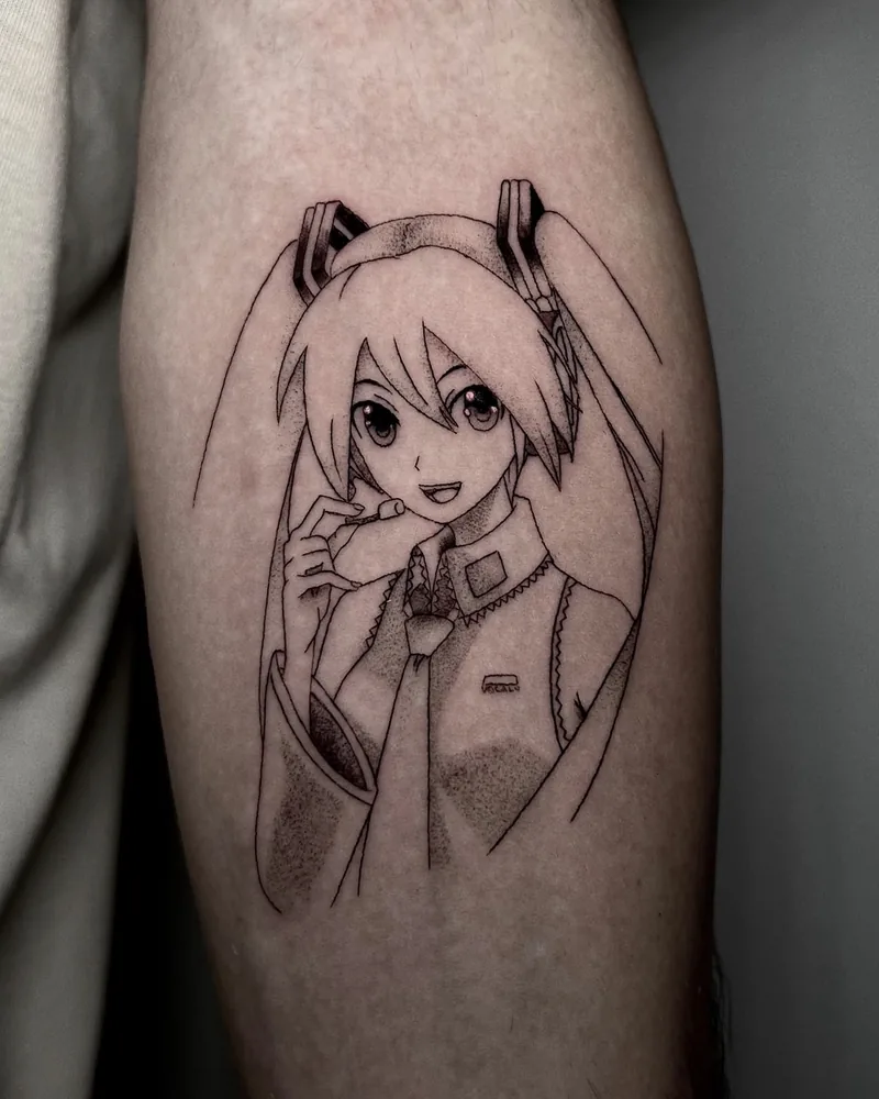 Hatsune Miku — Anime en línea fina · antebrazo, por Carmen González, Yokai Tattoo Málaga