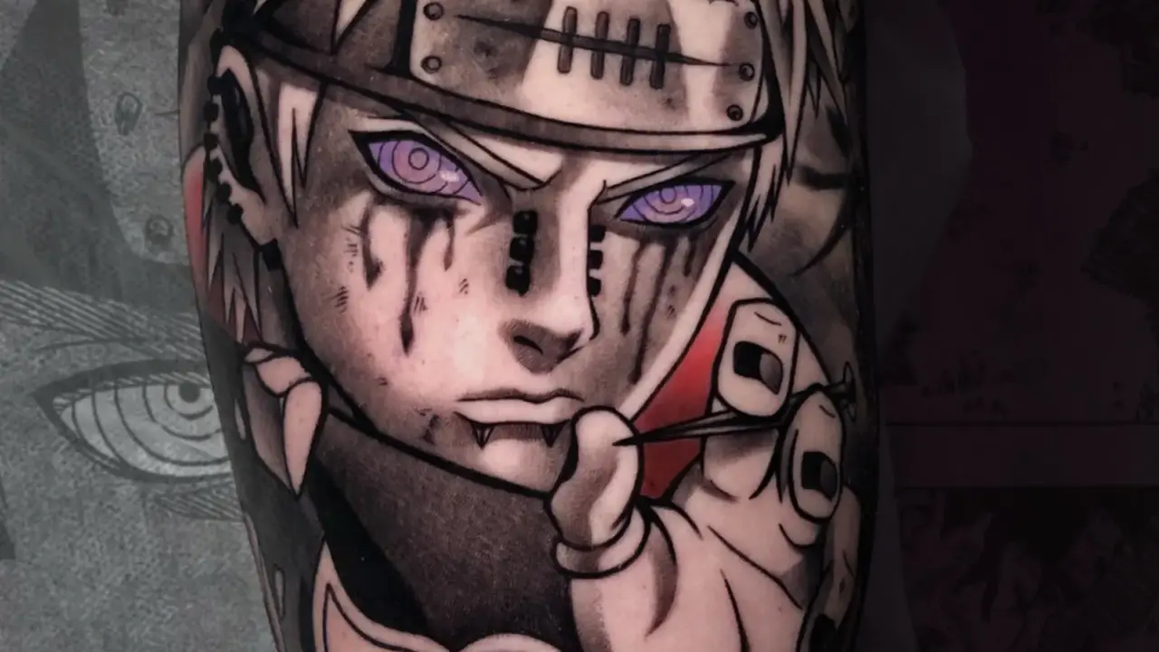 Tatuaje de Pain de Akatsuki con Rinnegan realizado en Yokai Tattoo Málaga