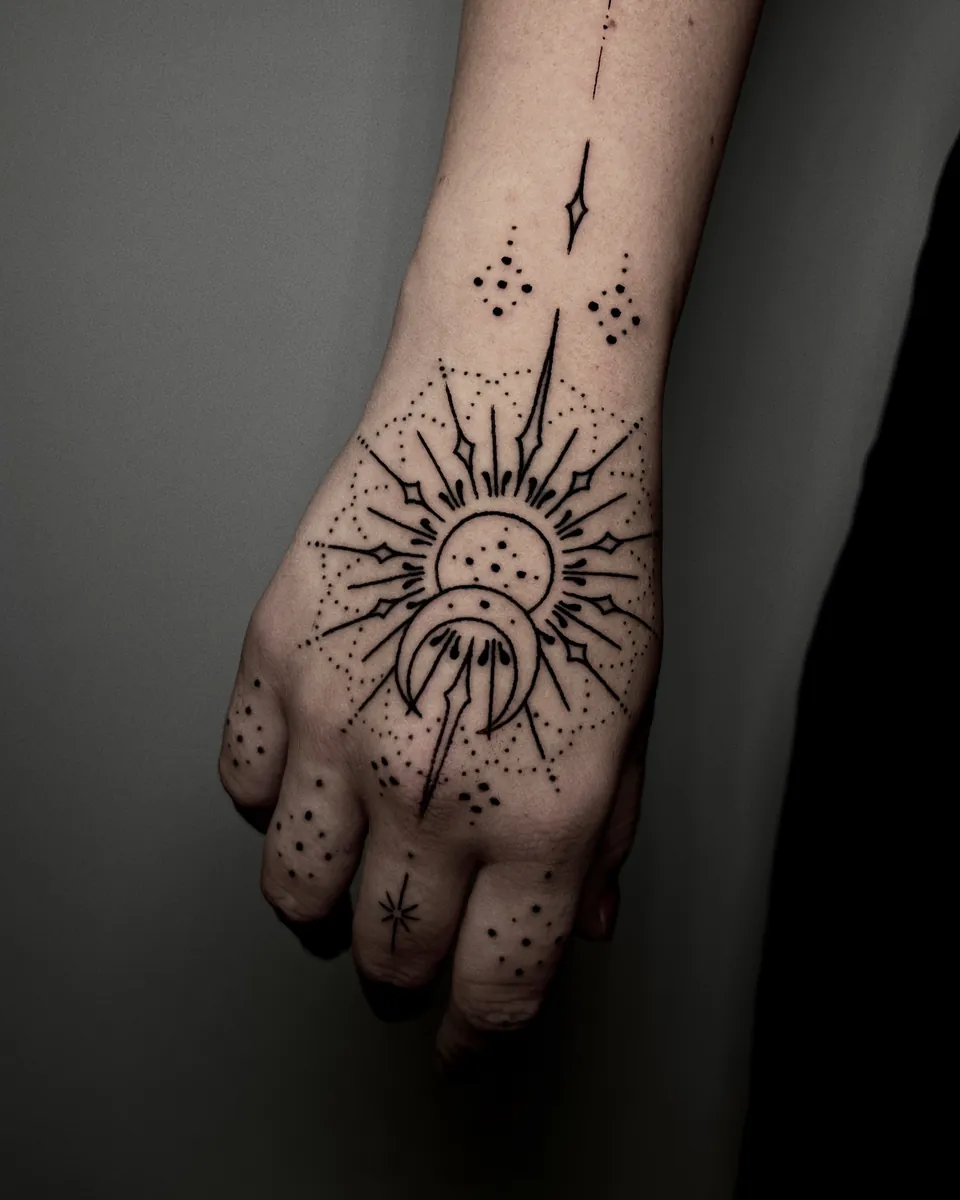 Tatuaje ornamental en línea fina y puntos de un sol con luna en el dorso de la mano, hecho por Carmen González en Yokai Tattoo Málaga
