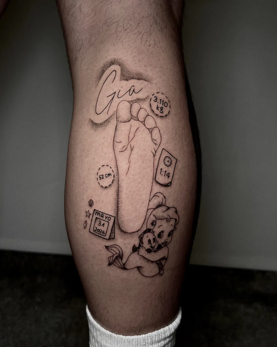 Huella y lettering — Línea fina y tipografía · brazo, por Carmen González, Yokai Tattoo Málaga